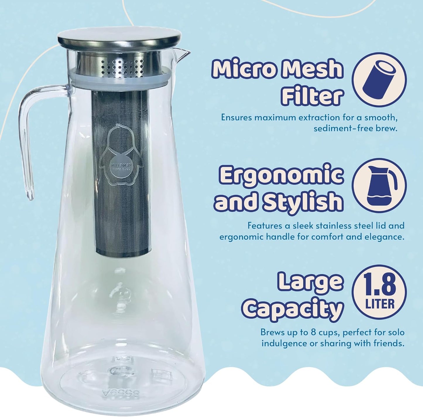Coffee & Tea Maker - 2 Quart Premium Cold Brew Pitcher - Stainless Steel Infuser with Double Wall Micro Mesh Inner Core - Ultimate Iced Coffee & Tea Brewing Perfection