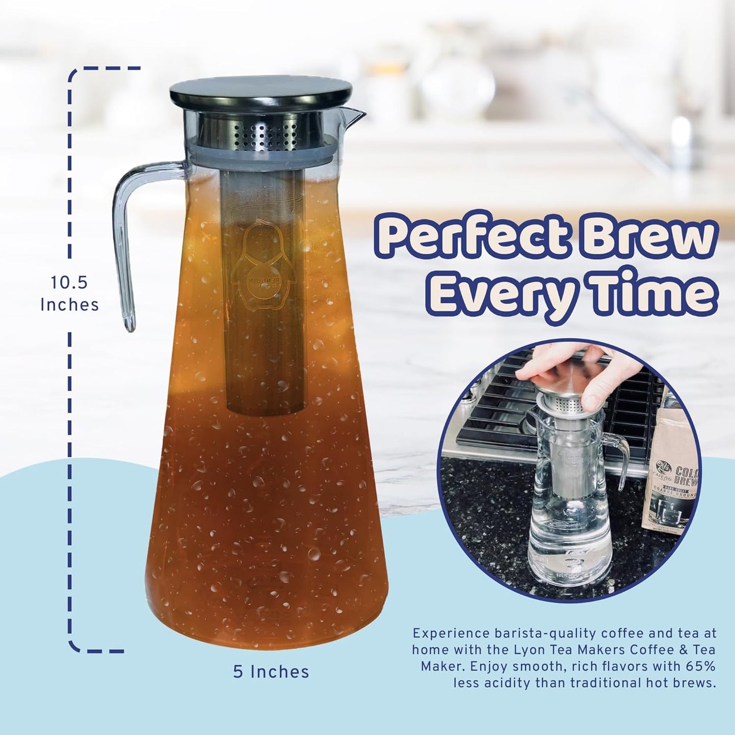 Coffee & Tea Maker - 2 Quart Premium Cold Brew Pitcher - Stainless Steel Infuser with Double Wall Micro Mesh Inner Core - Ultimate Iced Coffee & Tea Brewing Perfection
