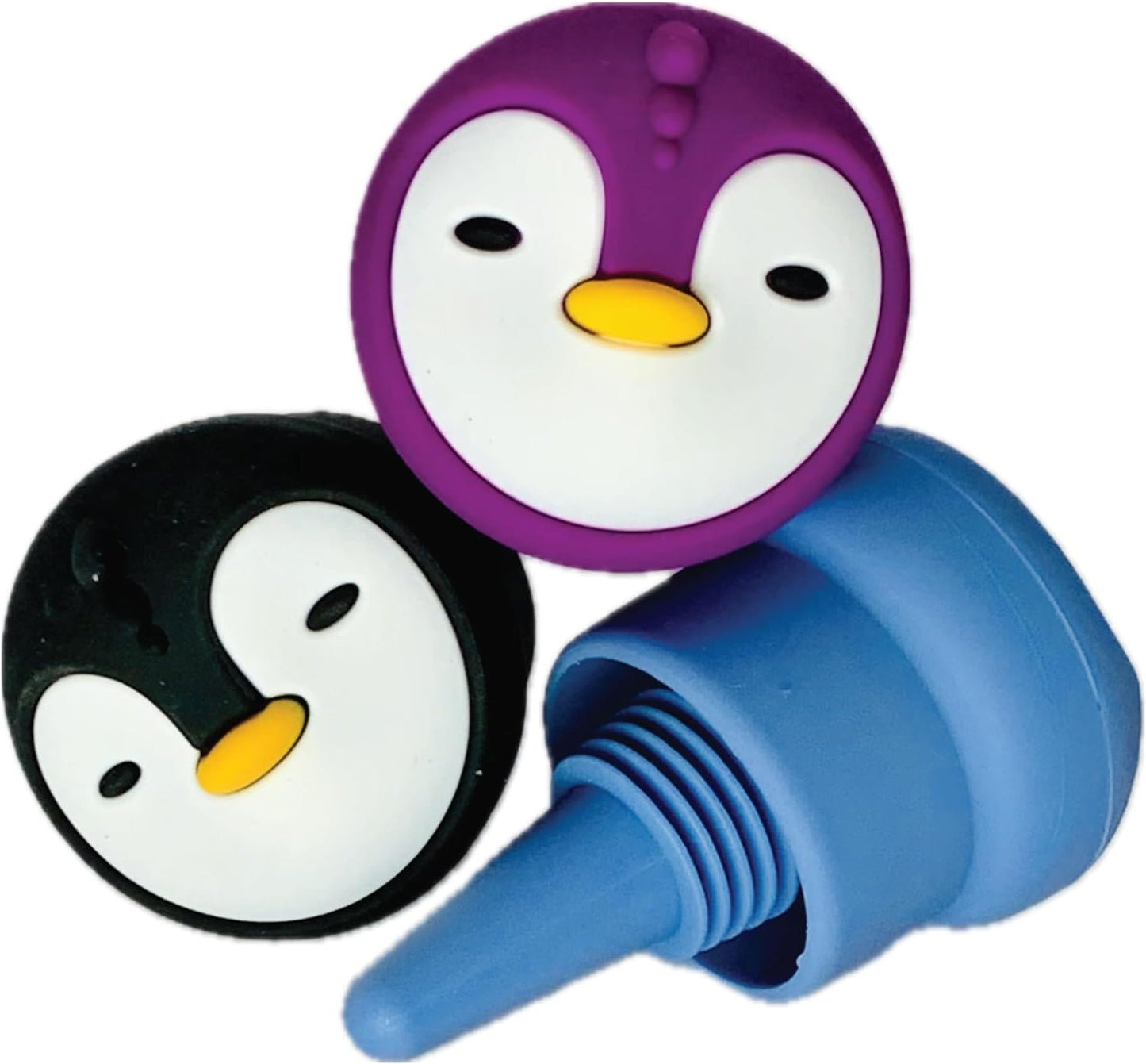 Corky Winers - Penguin Silicone Wine Stoppers - Versatile, Leakproof New Double Seal Design, and Easy to Use for Wine, Oils, and More - Colorful Trio Pack (Black, Purple, Blue) - BPA Free Silicone