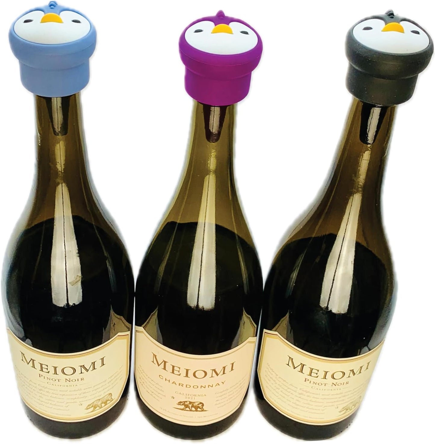 Corky Winers - Penguin Silicone Wine Stoppers - Versatile, Leakproof New Double Seal Design, and Easy to Use for Wine, Oils, and More - Colorful Trio Pack (Black, Purple, Blue) - BPA Free Silicone