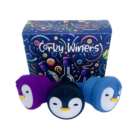 Corky Winers - Penguin Silicone Wine Stoppers - Versatile, Leakproof New Double Seal Design, and Easy to Use for Wine, Oils, and More - Colorful Trio Pack (Black, Purple, Blue) - BPA Free Silicone